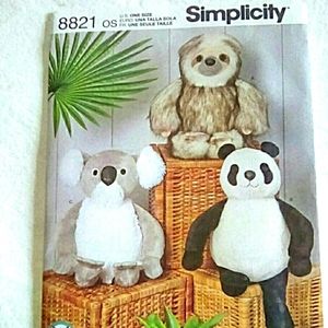 Simplicity 8821 Stuffed Animals Sloth Panda